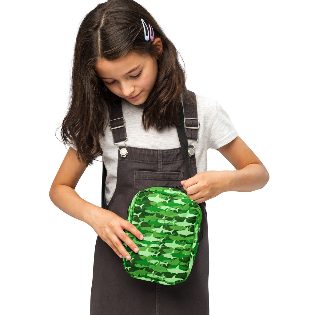 Girls Green Shark Camouflage Crossbody Bag – Water Resistant Mini Purse With Adjustable Strap & Pockets