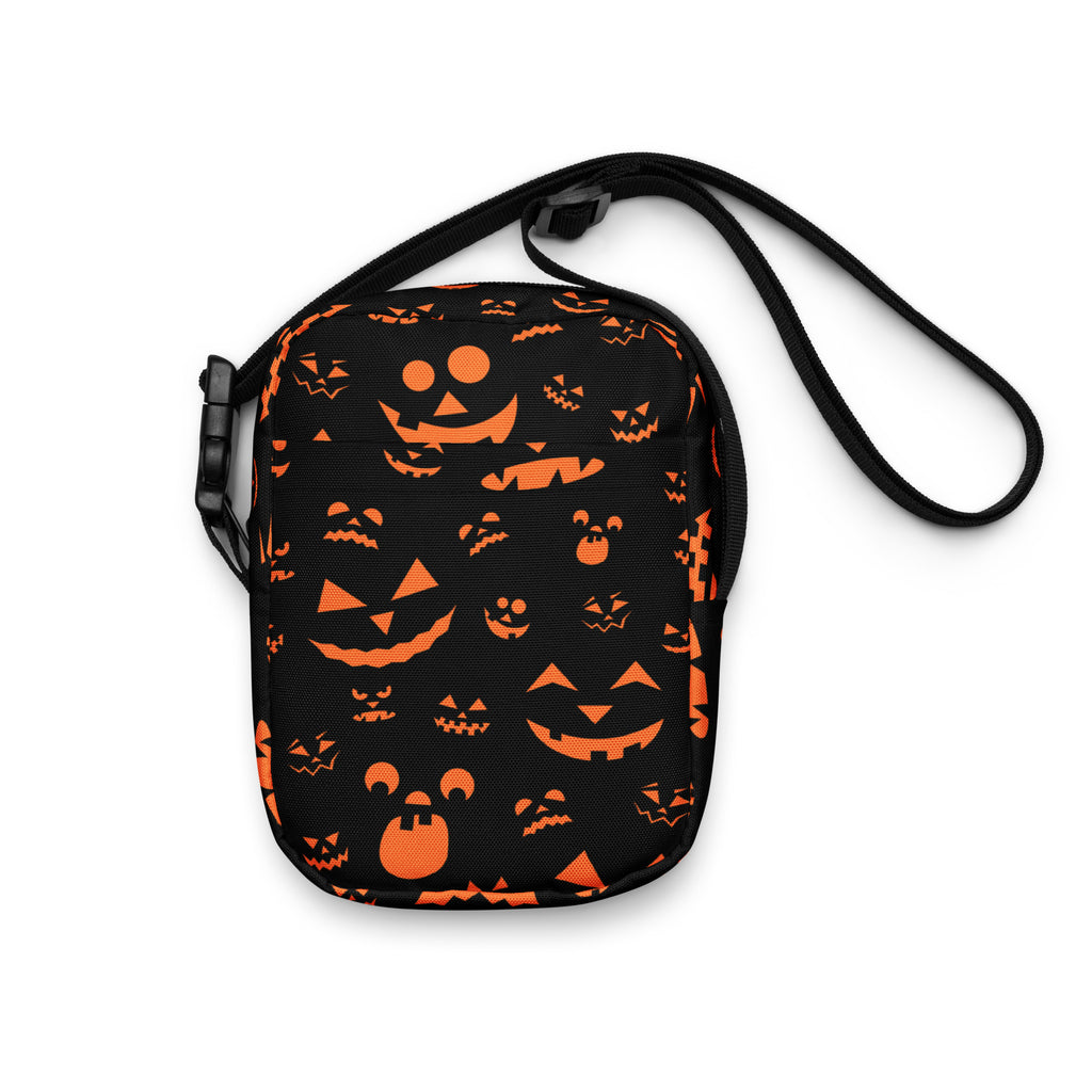 Orange Jack O Lantern Faces Halloween Crossbody Bag – Water Resistant Mini Purse With Adjustable Strap & Pockets