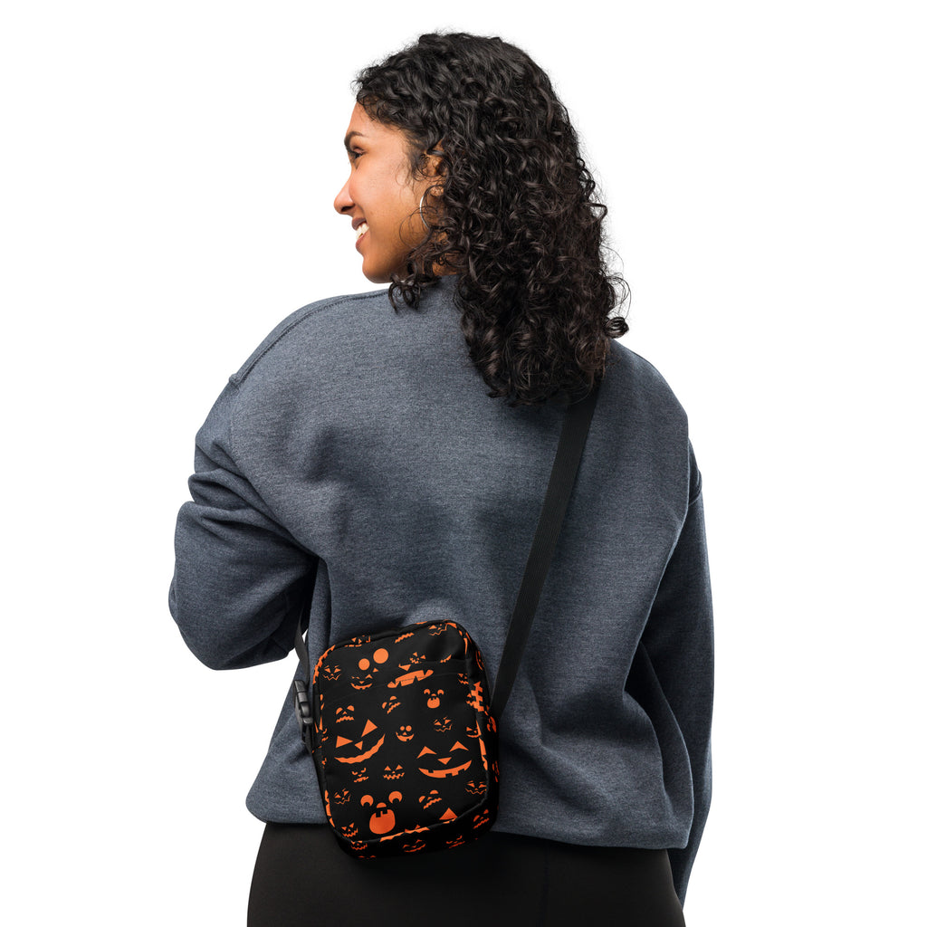 Orange Jack O Lantern Faces Halloween Crossbody Bag – Water Resistant Mini Purse With Adjustable Strap & Pockets