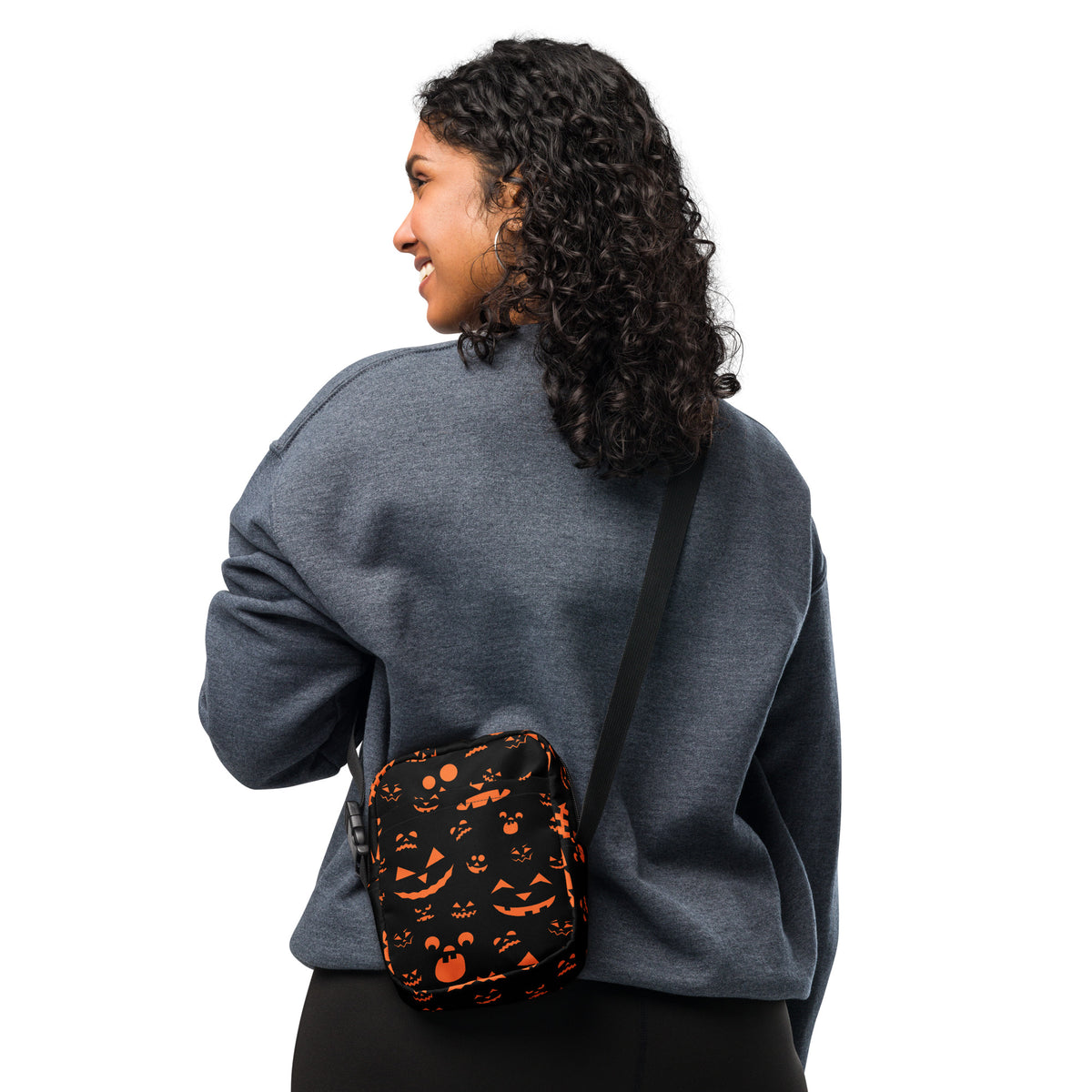 Orange Jack O Lantern Faces Halloween Crossbody Bag – Water Resistant Mini Purse With Adjustable Strap & Pockets
