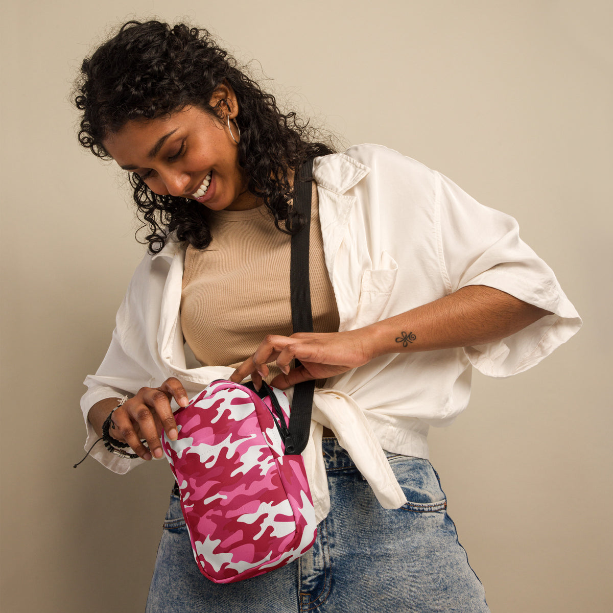Bright Pink Camouflage Crossbody Bag – Water Resistant Mini Purse With Adjustable Strap & Pockets