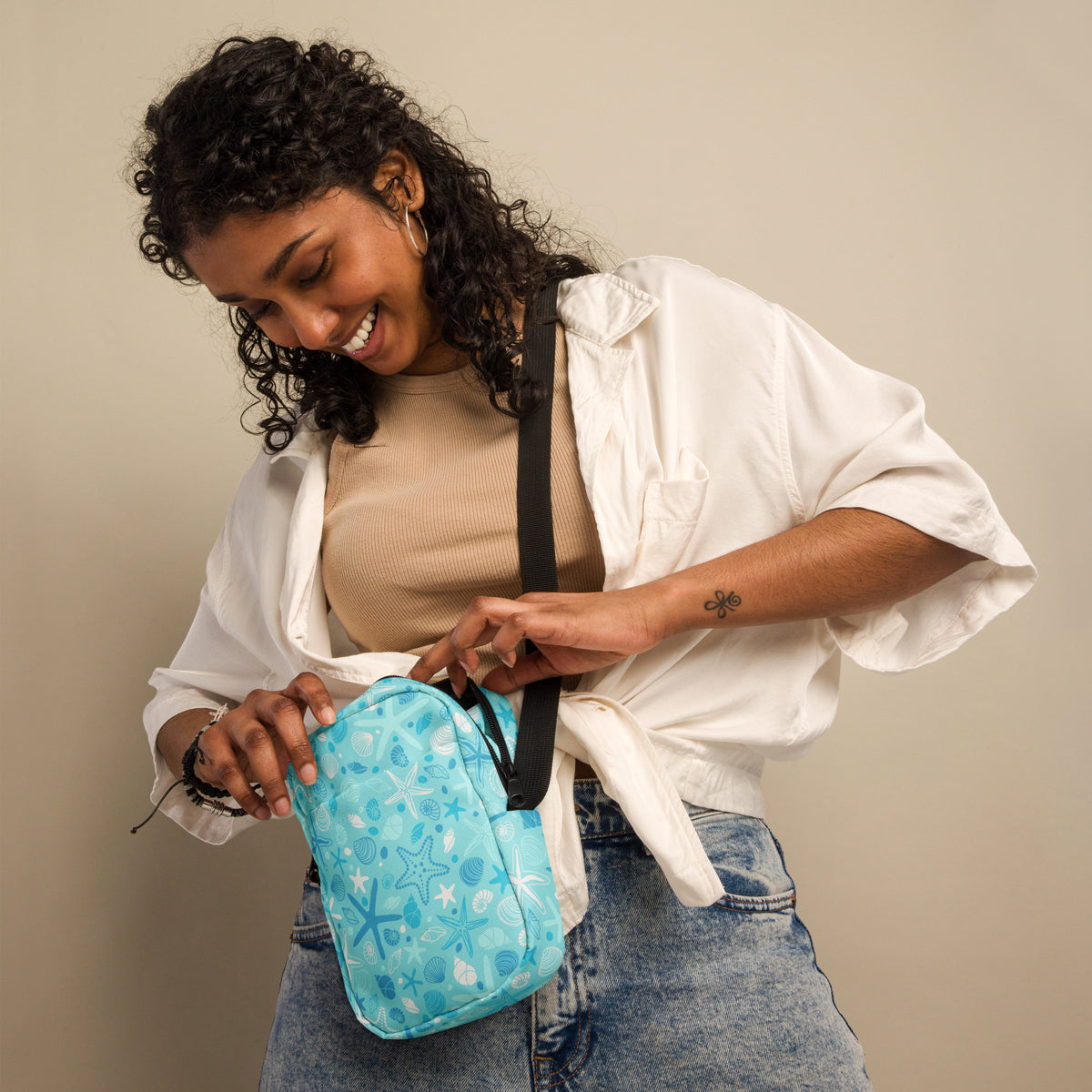 Starfish & Shells Crossbody Bag – Water Resistant Mini Purse With Adjustable Strap & Pockets