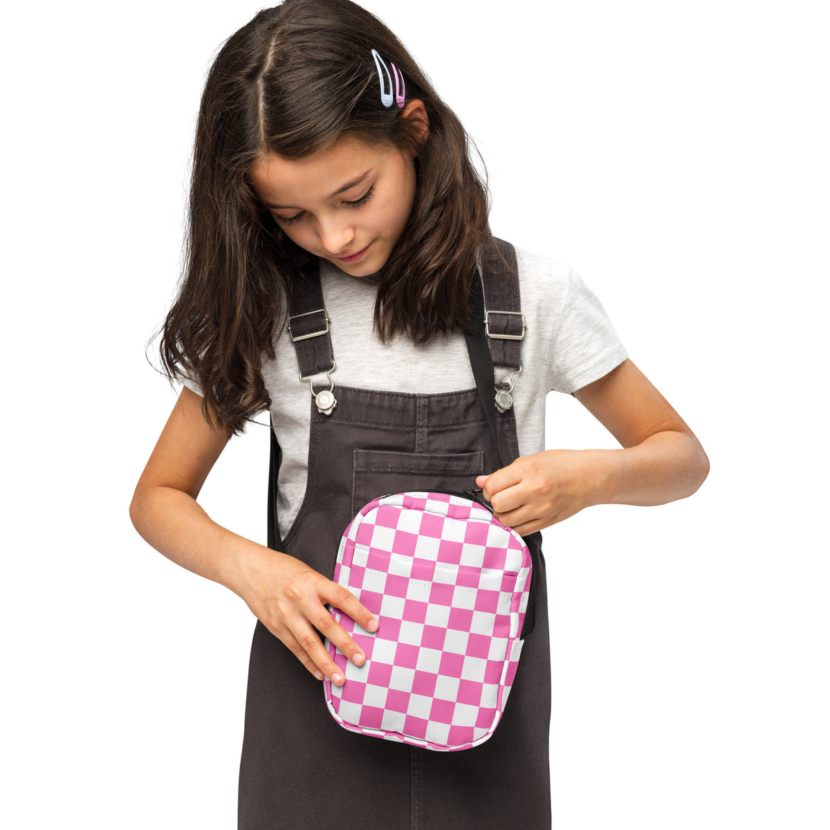 Girls Pink Checkered Crossbody Bag – Water Resistant Mini Purse With Adjustable Strap & Pockets