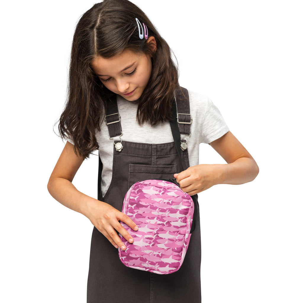 Girls Pink Shark Camouflage Crossbody Bag – Water Resistant Mini Purse With Adjustable Strap & Pockets