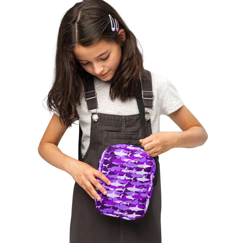 Girls Purple Shark Camouflage Crossbody Bag – Water Resistant Mini Purse With Adjustable Strap & Pockets