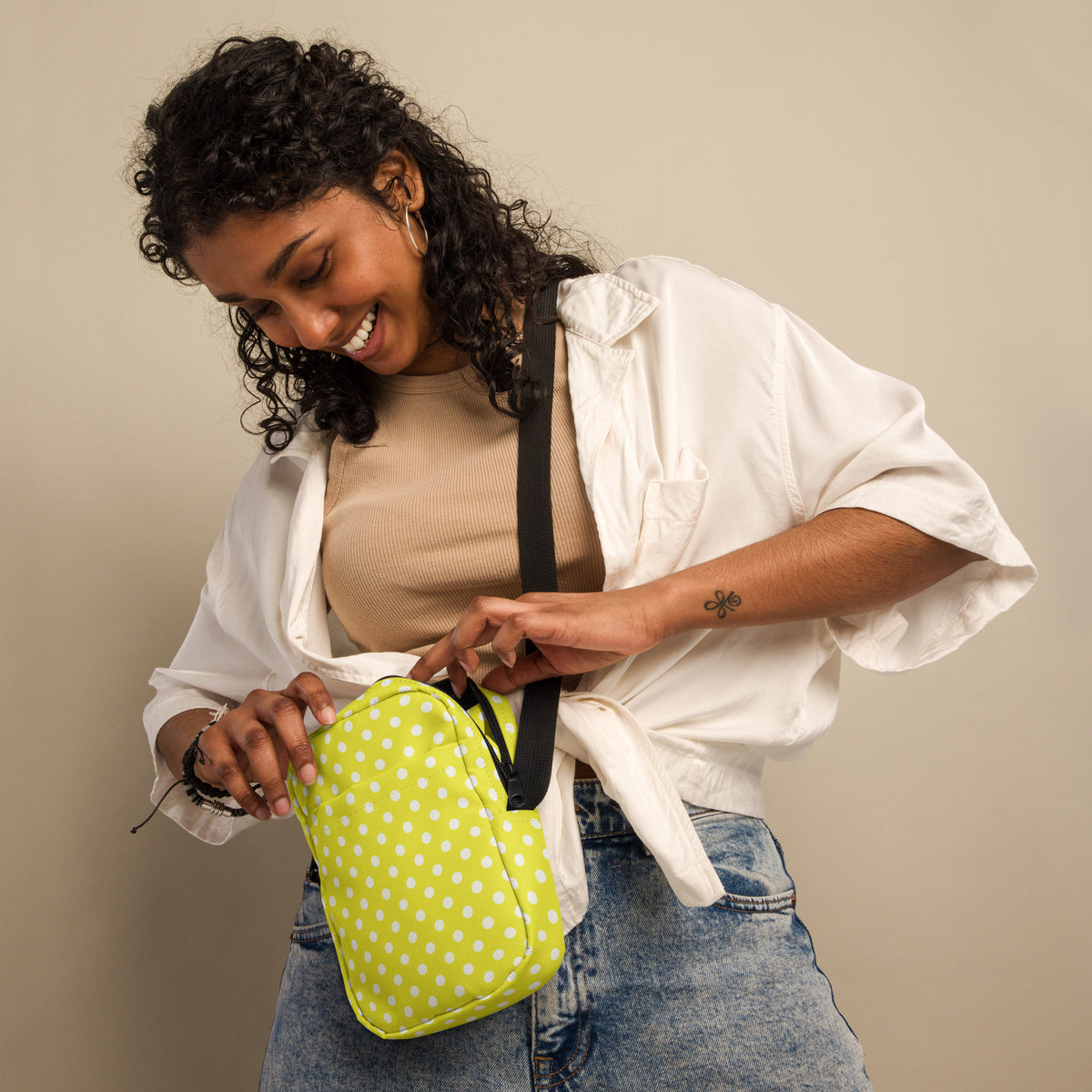 Yellow Polka Dot Crossbody Bag – Water Resistant Mini Purse With Adjustable Strap & Pockets