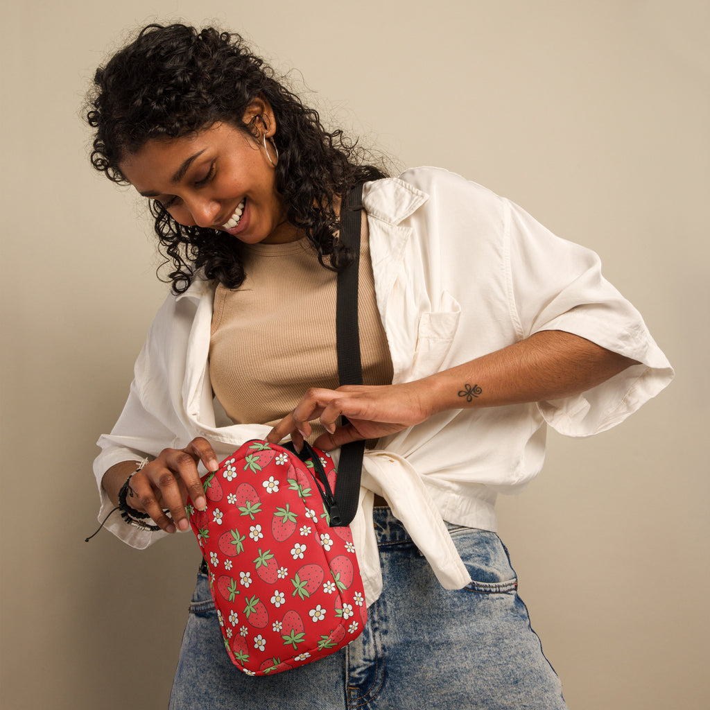 Floral Strawberry Crossbody Bag – Water Resistant Mini Purse With Adjustable Strap & Pockets