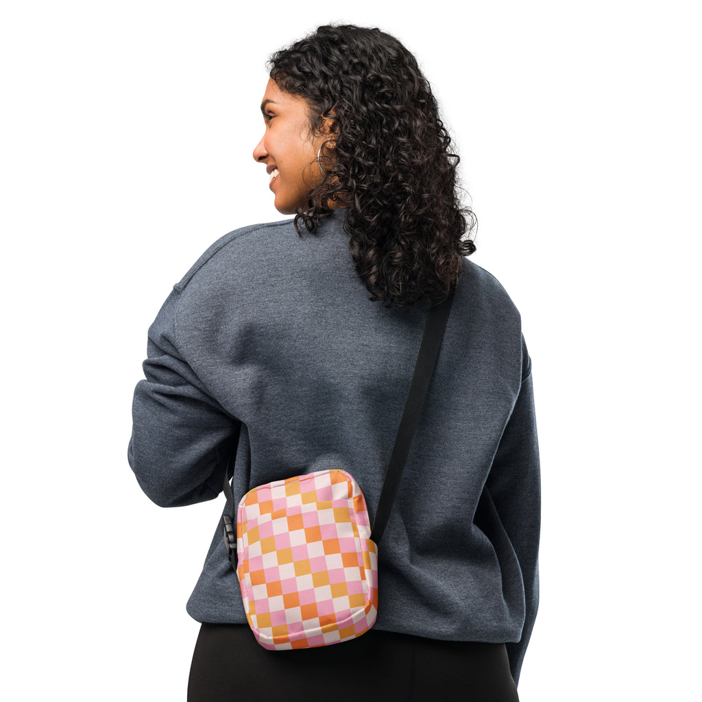 Sunset Themed Pink & Orange Checkered Crossbody Bag – Water Resistant Mini Purse With Adjustable Strap & Pockets