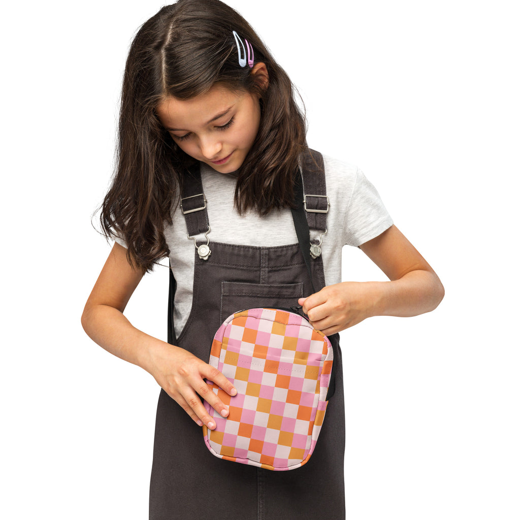 Girls Sunset Themed Pink & Orange Checkered Crossbody Bag – Water Resistant Mini Purse With Adjustable Strap & Pockets