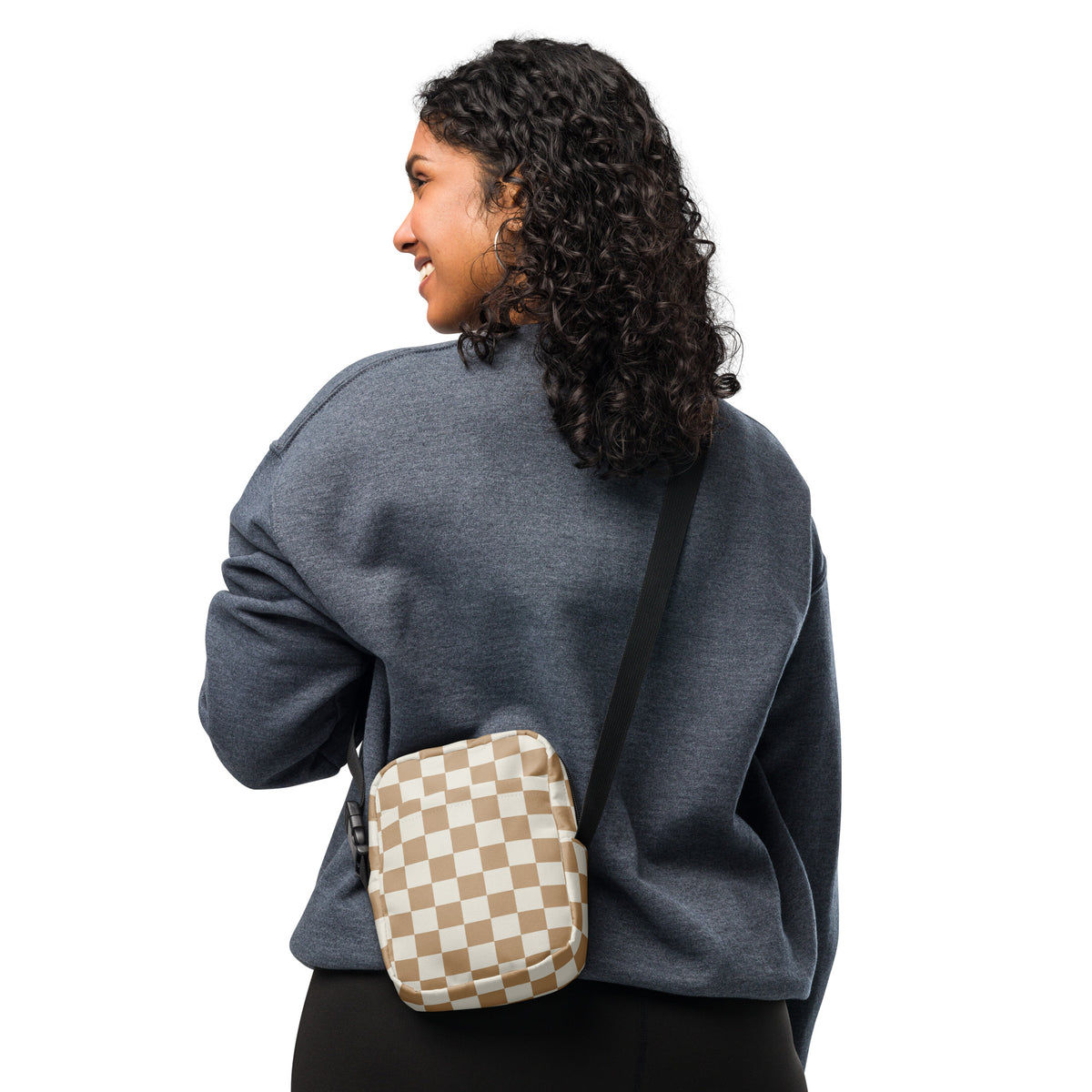 Beige Checkered Crossbody Bag – Water Resistant Mini Purse With Adjustable Strap & Pockets