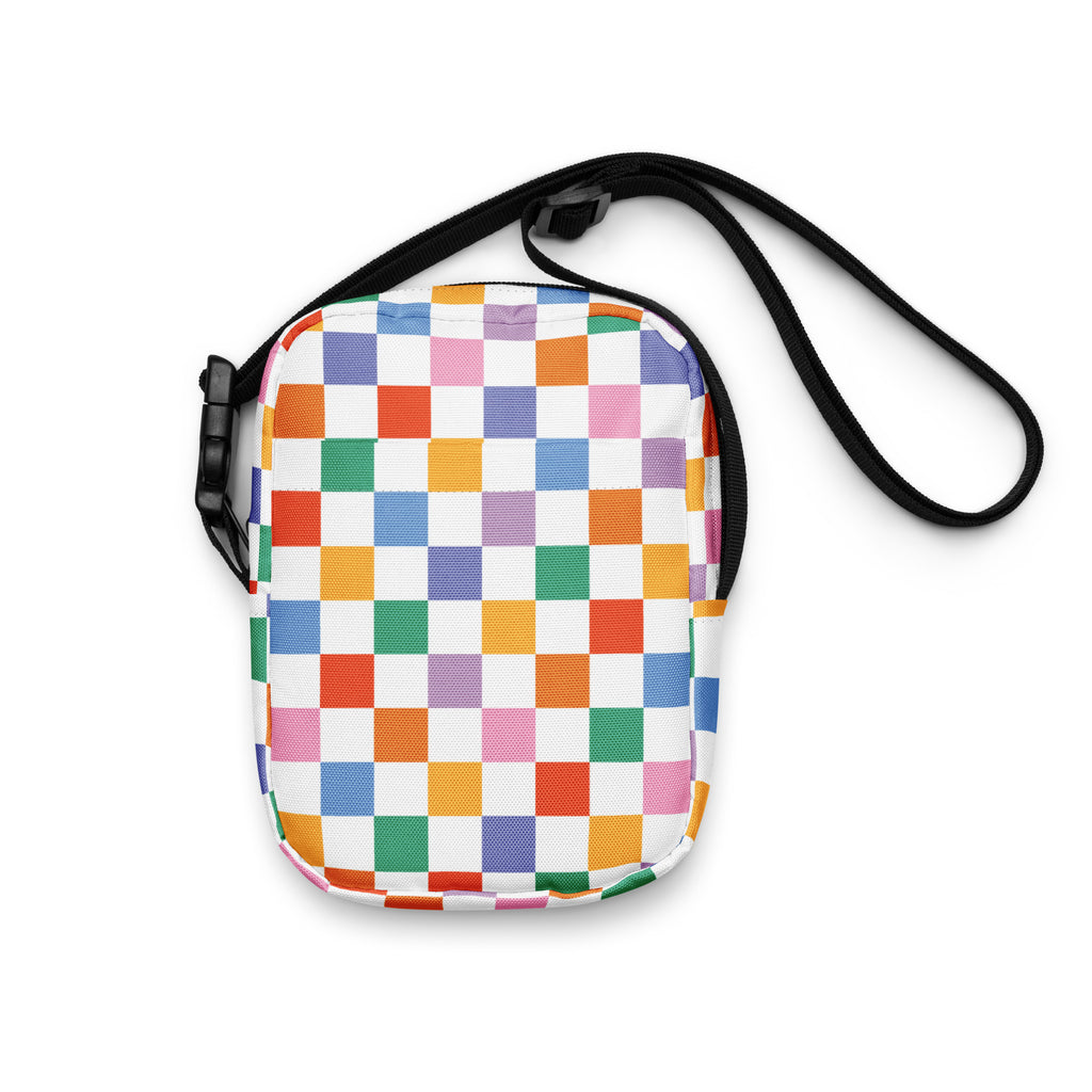 Rainbow Checkered Crossbody Bag – Water Resistant Mini Purse With Adjustable Strap & Pockets