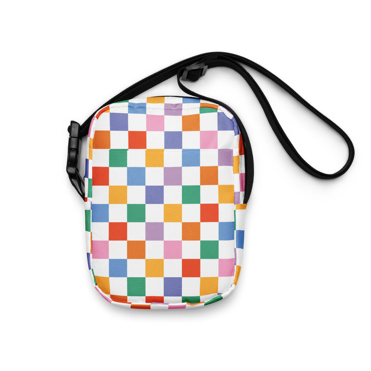 Rainbow Checkered Crossbody Bag – Water Resistant Mini Purse With Adjustable Strap & Pockets