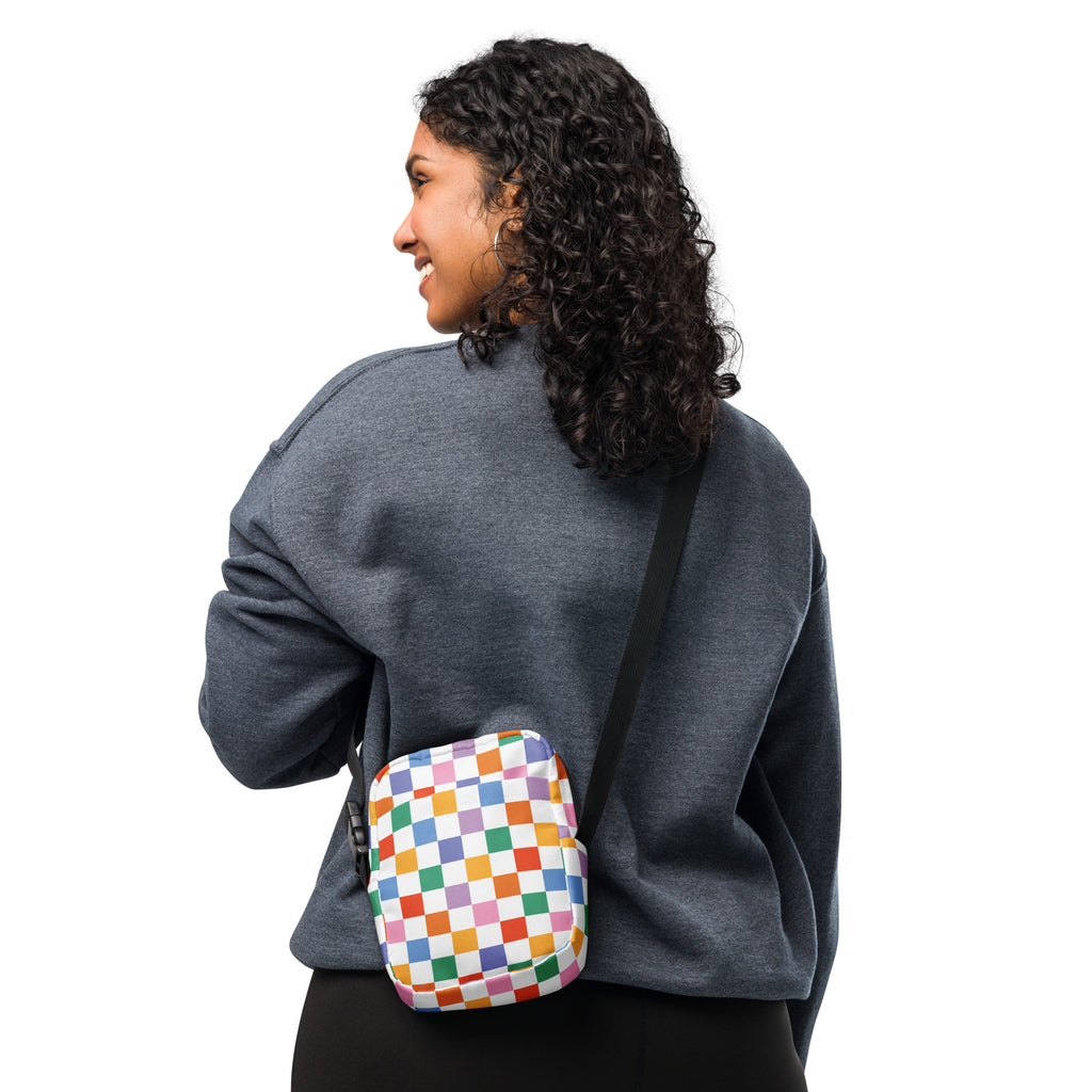 Rainbow Checkered Crossbody Bag – Water Resistant Mini Purse With Adjustable Strap & Pockets