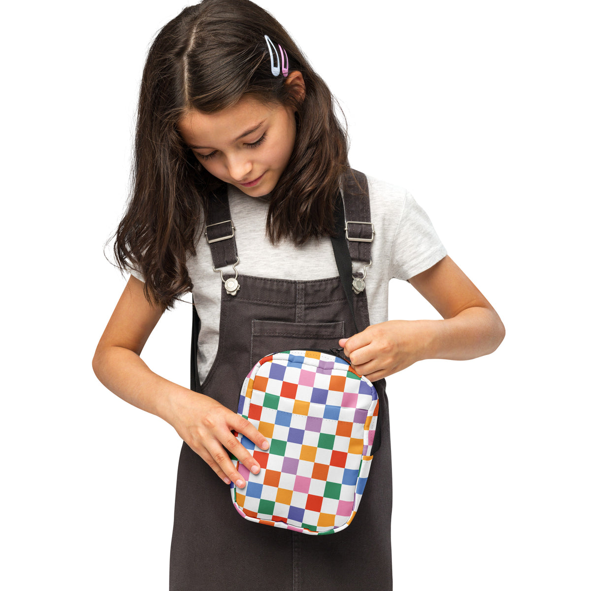 Girls Rainbow Checkered Crossbody Bag – Water Resistant Mini Purse With Adjustable Strap & Pockets