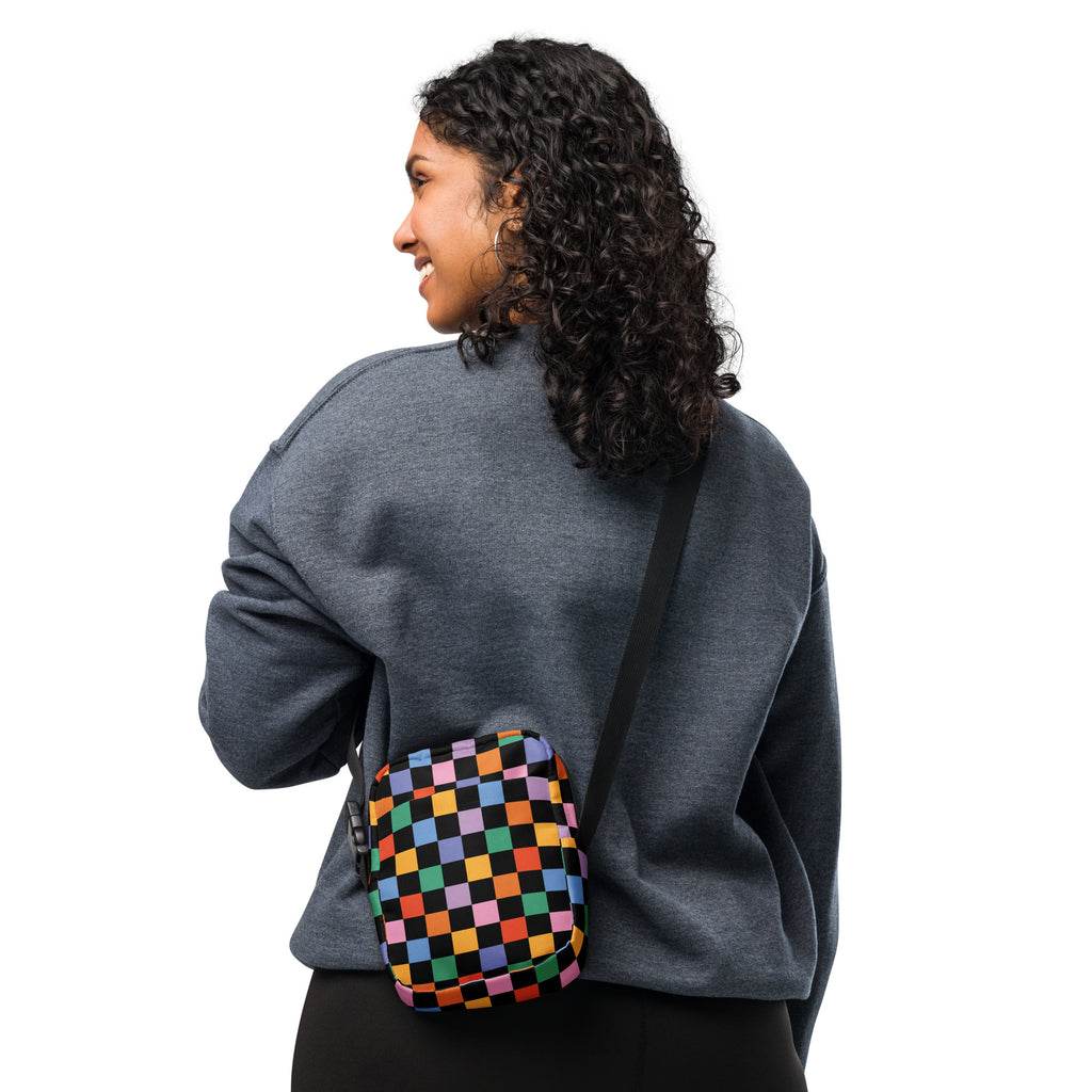 Black Rainbow Checkered Crossbody Bag – Water Resistant Mini Purse With Adjustable Strap & Pockets