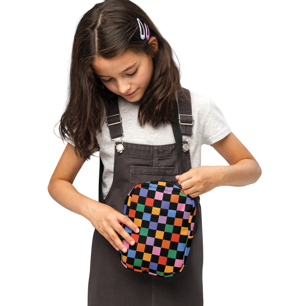 Girls Black Rainbow Checkered Crossbody Bag – Water Resistant Mini Purse With Adjustable Strap & Pockets