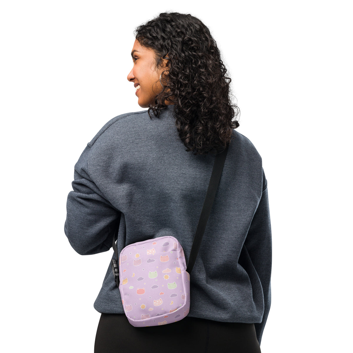 Pastel Purple Kawaii Cats & Clouds Crossbody Bag – Water Resistant Mini Purse With Adjustable Strap & Pockets