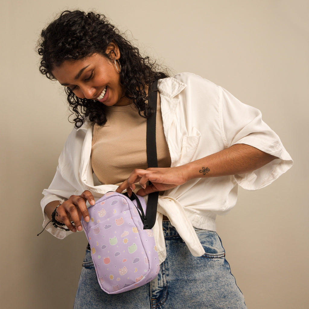 Pastel Purple Kawaii Cats & Clouds Crossbody Bag – Water Resistant Mini Purse With Adjustable Strap & Pockets