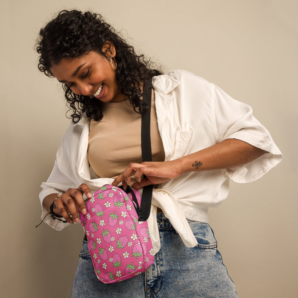 Pink Strawberry Crossbody Bag – Water Resistant Mini Purse With Adjustable Strap & Pockets