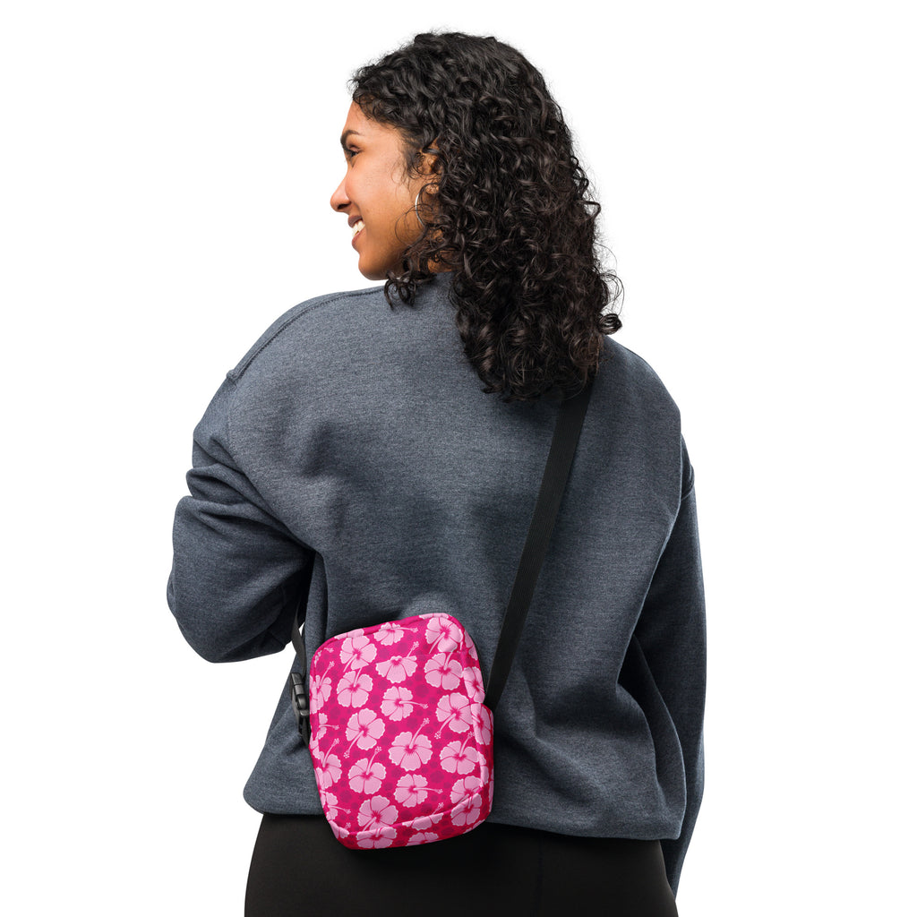 Tropical Pink Hibiscus Crossbody Bag – Water Resistant Mini Purse With Adjustable Strap & Pockets