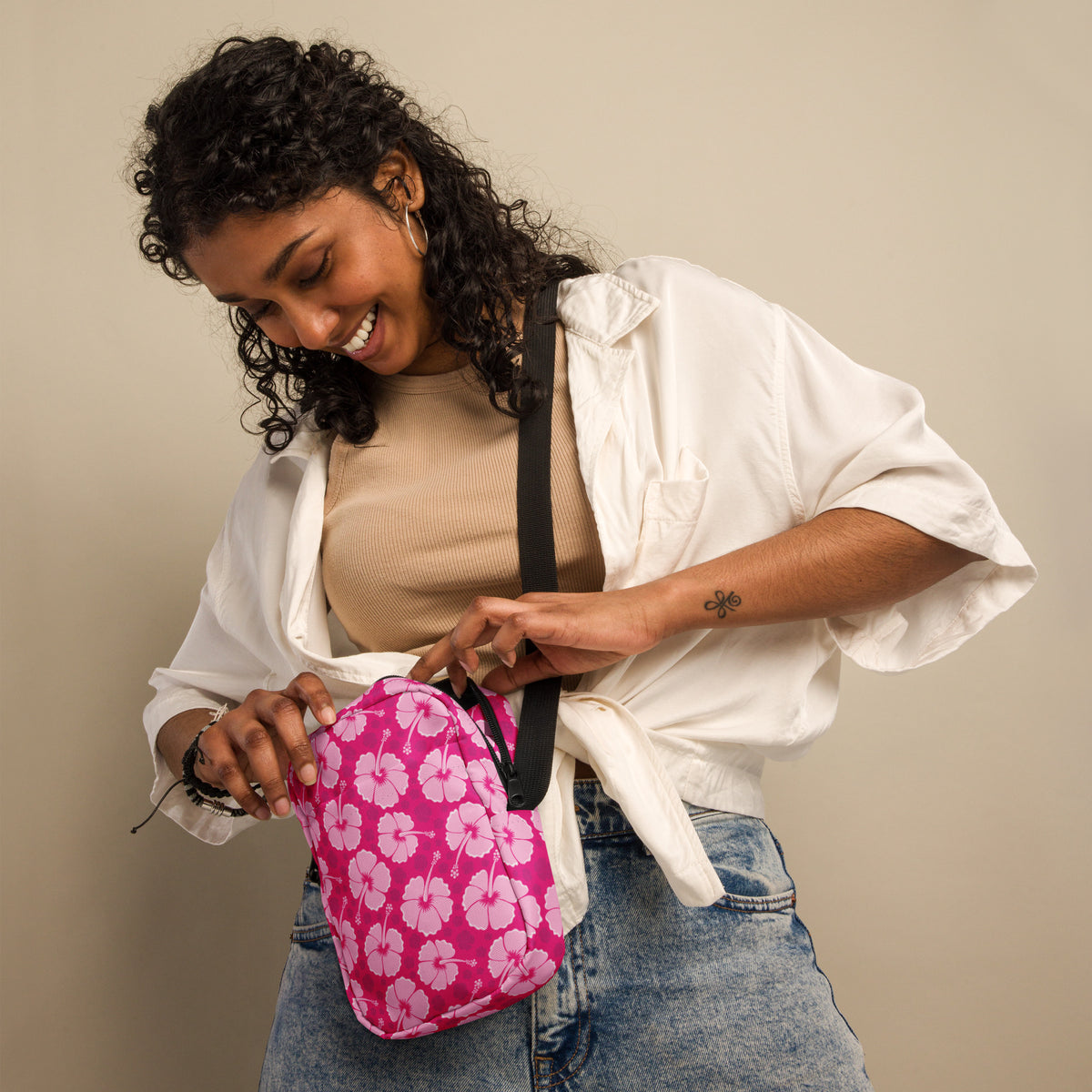 Tropical Pink Hibiscus Crossbody Bag – Water Resistant Mini Purse With Adjustable Strap & Pockets