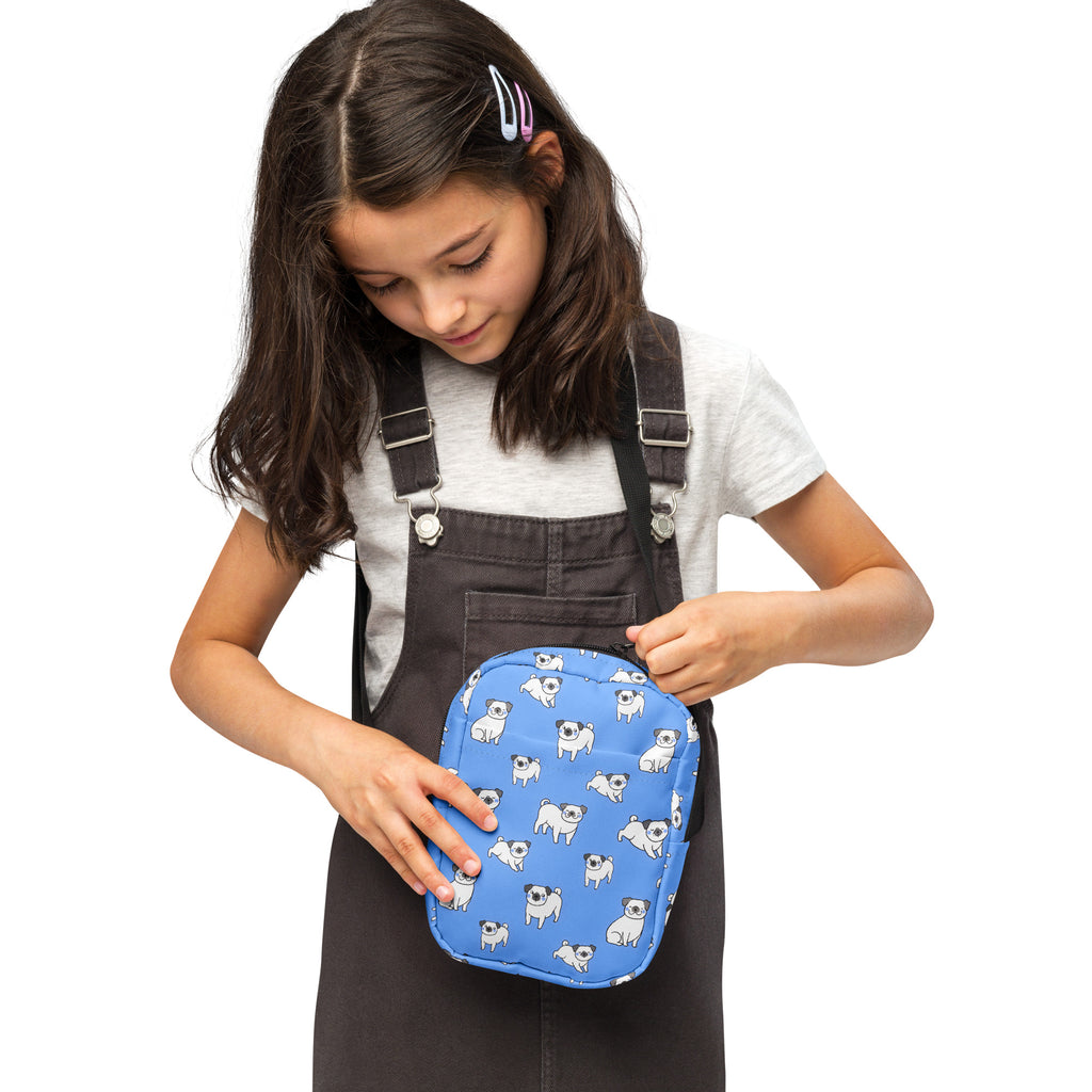 Girls Blue Pug Crossbody Bag – Water Resistant Mini Purse With Adjustable Strap & Pockets