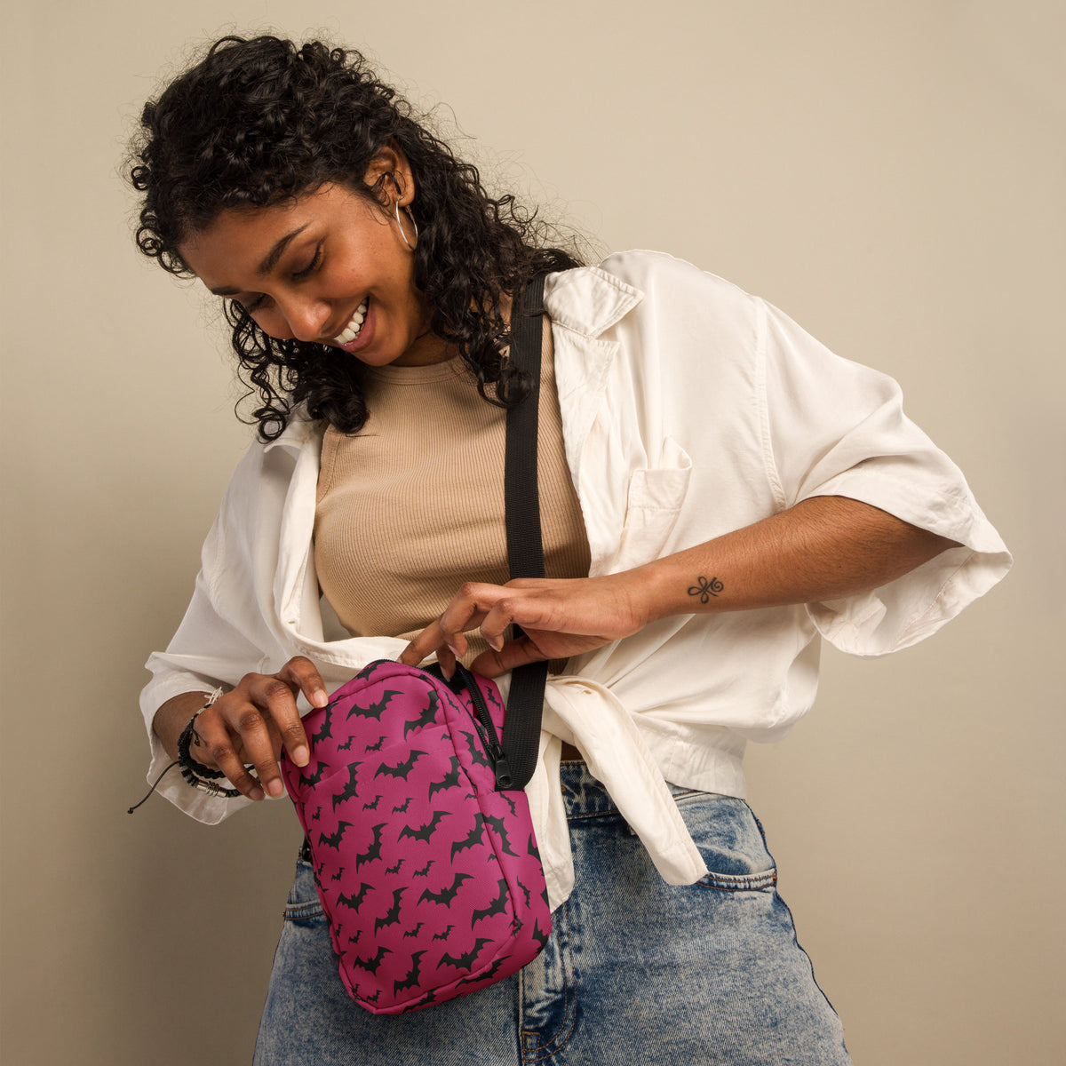 Pink Bats Halloween Crossbody Bag – Water Resistant Mini Purse With Adjustable Strap & Pockets