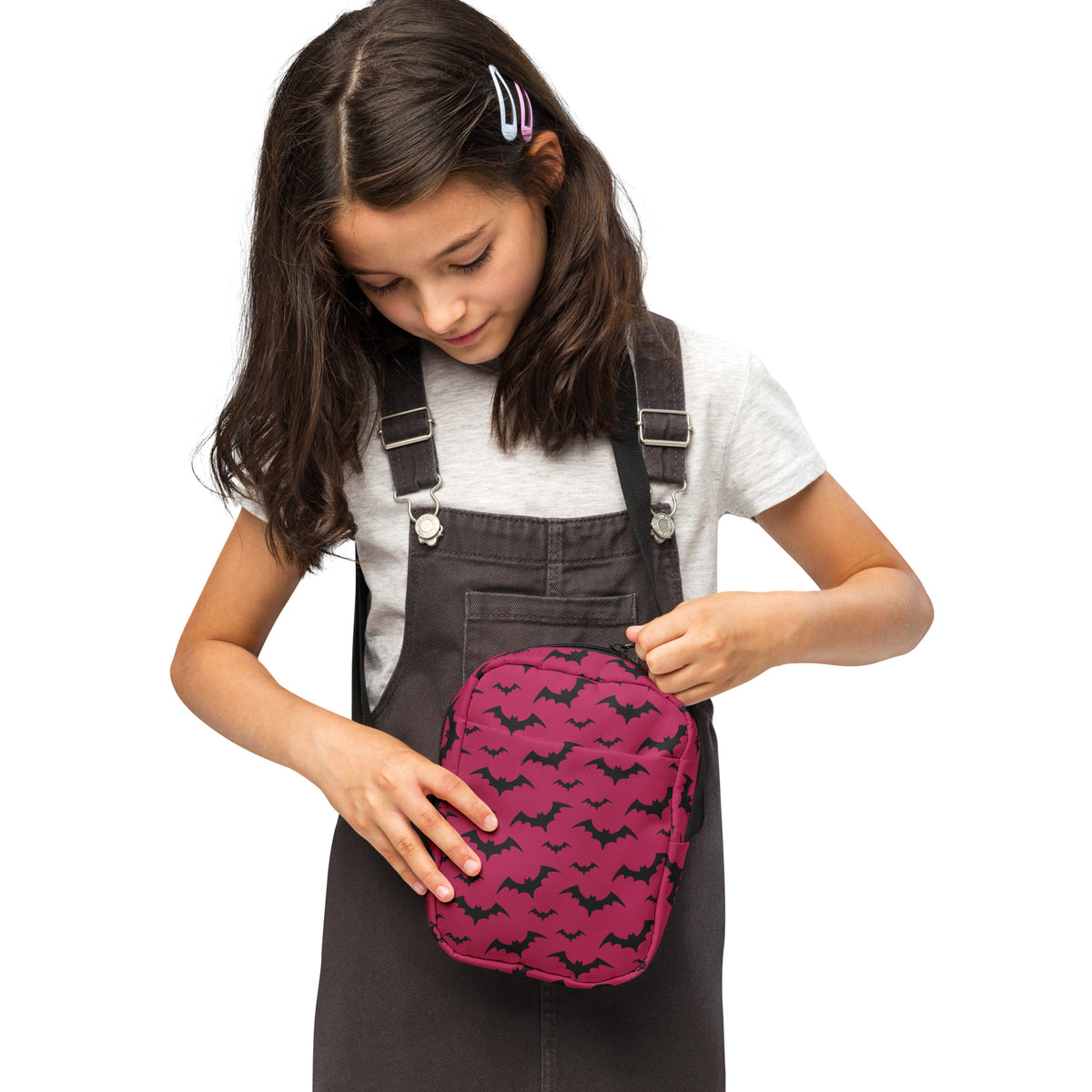 Girls Pink Bats Halloween Crossbody Bag – Water Resistant Mini Purse With Adjustable Strap & Pockets