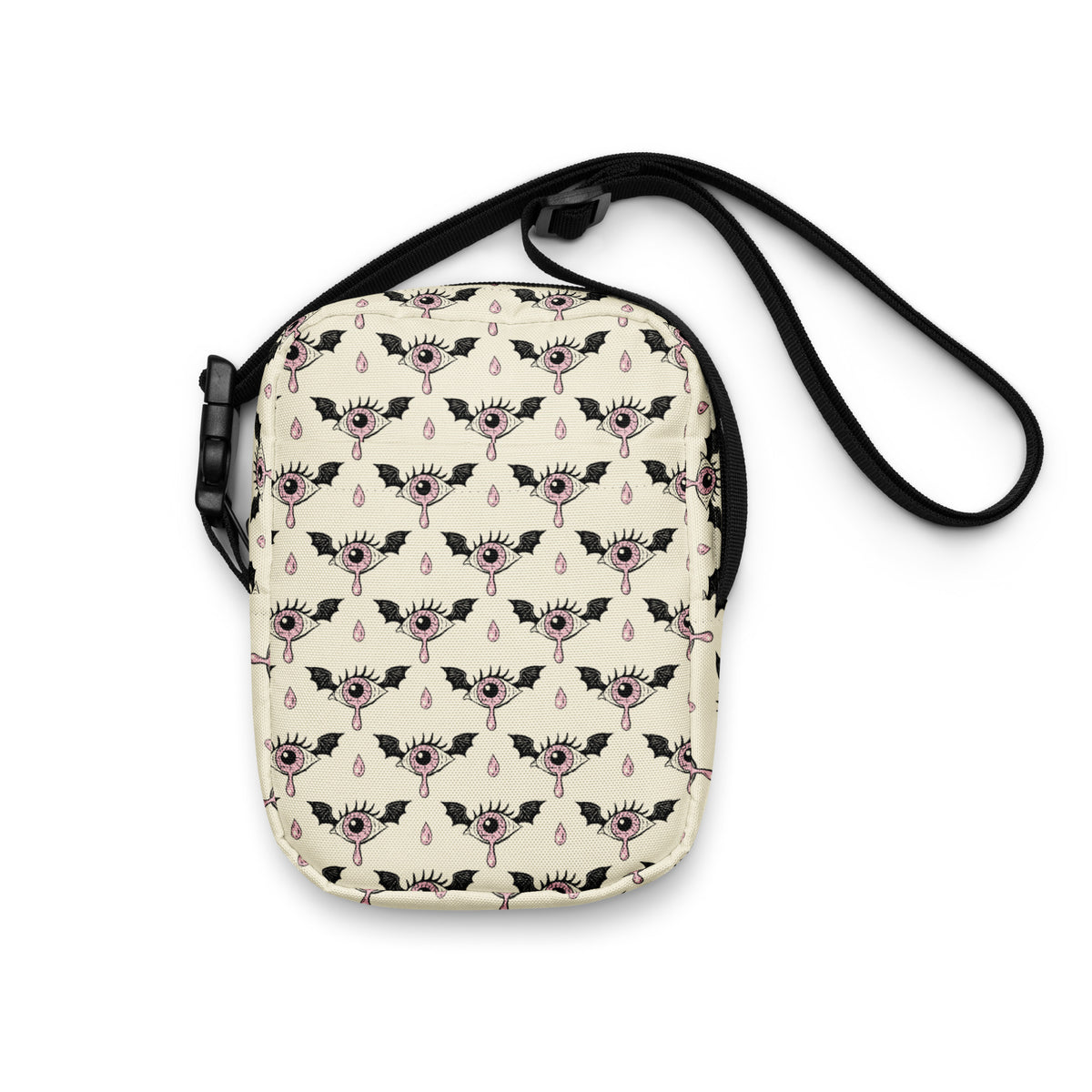 Spooky Pink Eyeball Bat Halloween Crossbody Bag – Water Resistant Mini Purse With Adjustable Strap & Pockets