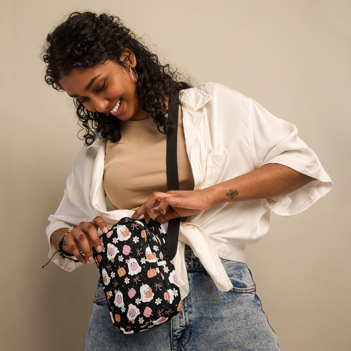 Reading Ghost Halloween Crossbody Bag – Water Resistant Mini Purse With Adjustable Strap & Pockets