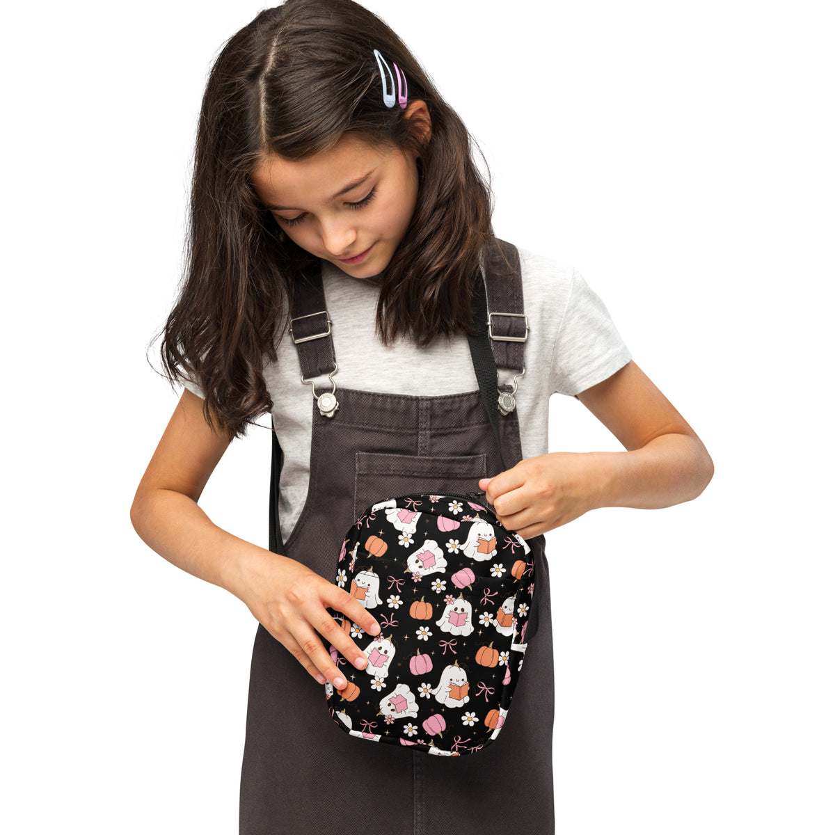 Girls Reading Ghost Halloween Crossbody Bag – Water Resistant Mini Purse With Adjustable Strap & Pockets