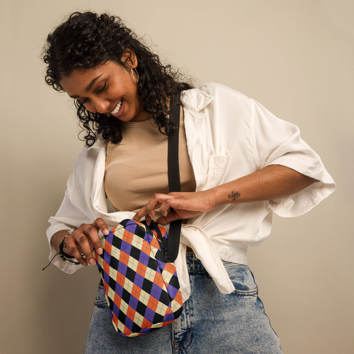 Halloween Argyle Crossbody Bag – Water Resistant Mini Purse With Adjustable Strap & Pockets