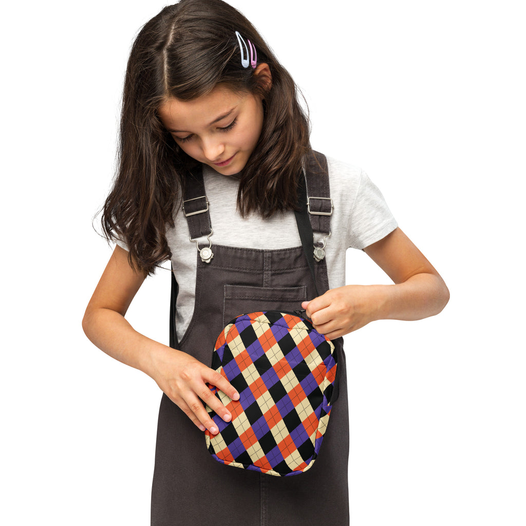 Girls Halloween Argyle Crossbody Bag – Water Resistant Mini Purse With Adjustable Strap & Pockets