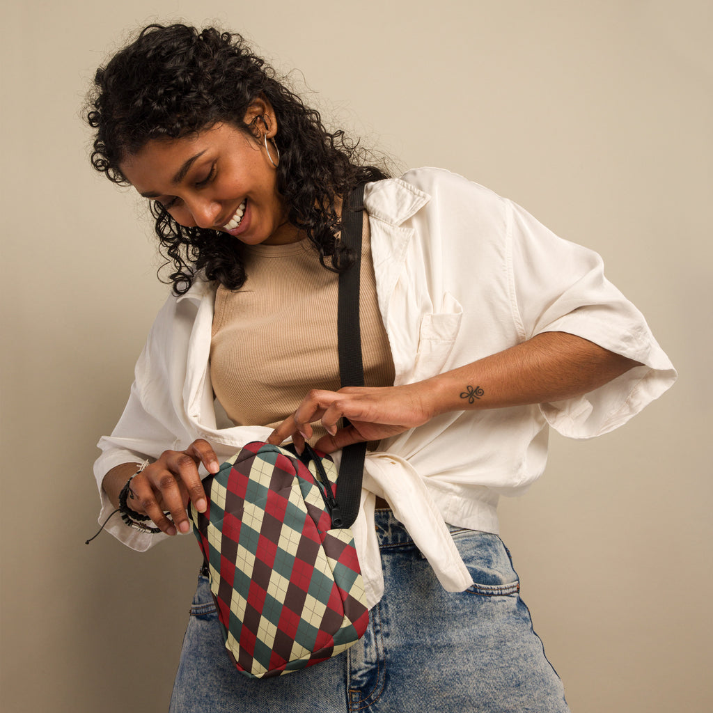 Vintage Christmas Argyle Crossbody Bag – Water Resistant Mini Purse With Adjustable Strap & Pockets