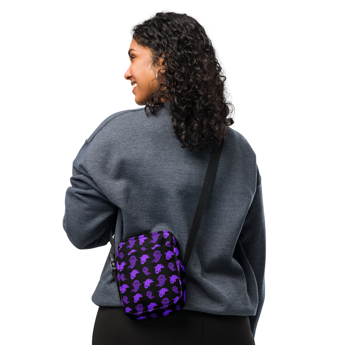 Purple Ghost Halloween Crossbody Bag – Water Resistant Mini Purse With Adjustable Strap & Pockets