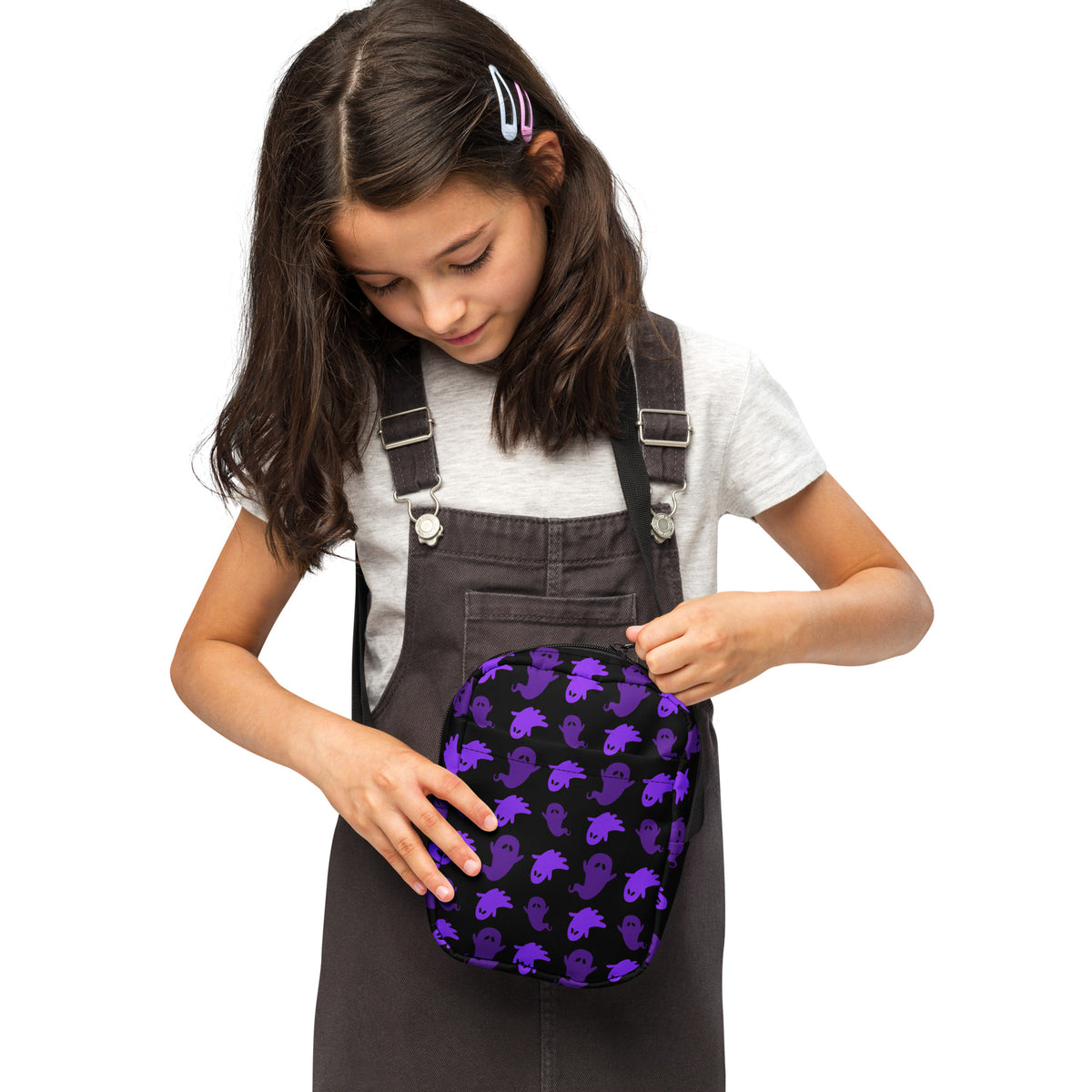Girls Purple Ghost Halloween Crossbody Bag – Water Resistant Mini Purse With Adjustable Strap & Pockets