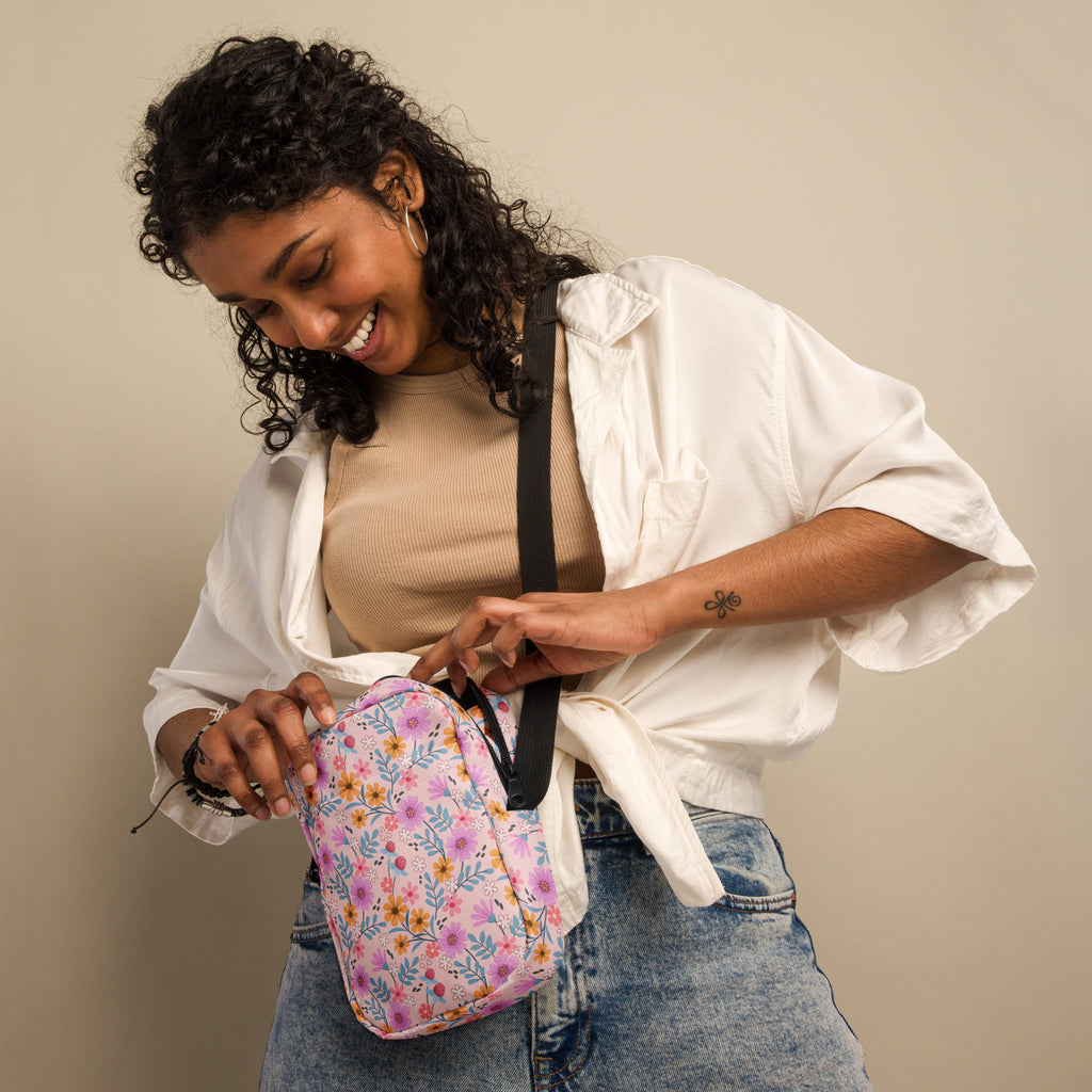 Pink Floral Crossbody Bag – Water Resistant Mini Purse With Adjustable Strap & Pockets