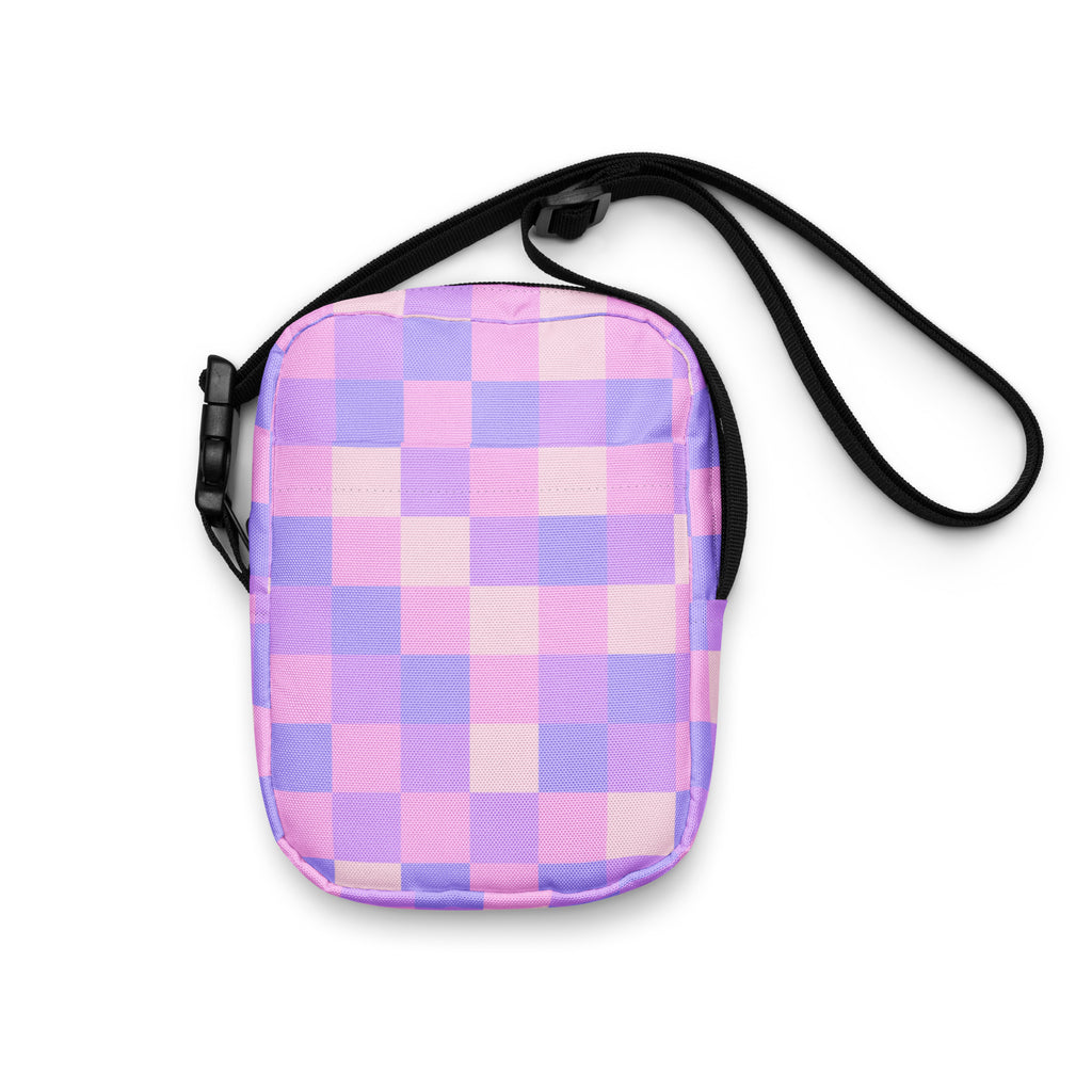 Pink & Purple Checkered Crossbody Bag – Water Resistant Mini Purse With Adjustable Strap & Pockets