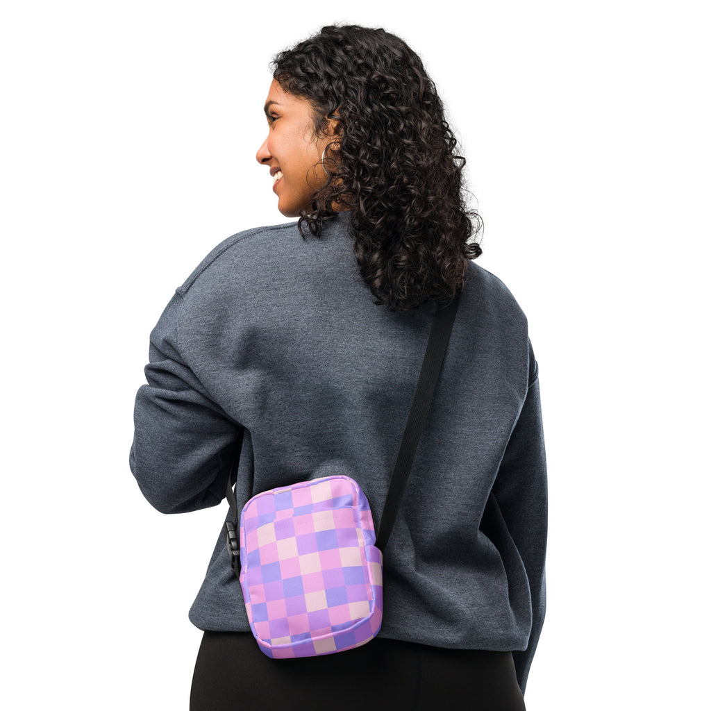 Pink & Purple Checkered Crossbody Bag – Water Resistant Mini Purse With Adjustable Strap & Pockets