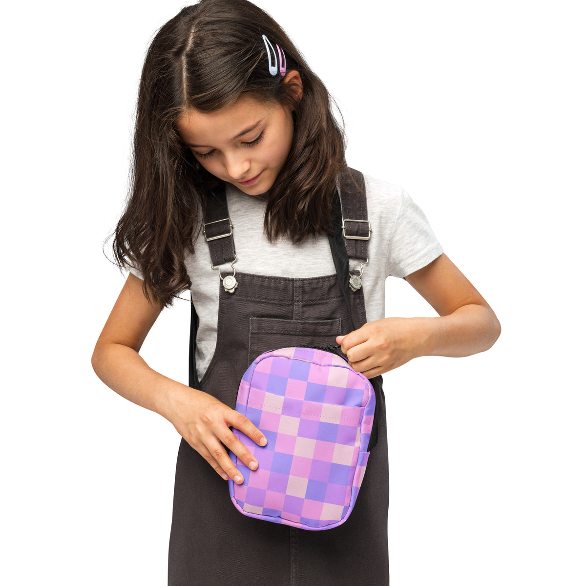 Girls Pink & Purple Checkered Crossbody Bag – Water Resistant Mini Purse With Adjustable Strap & Pockets