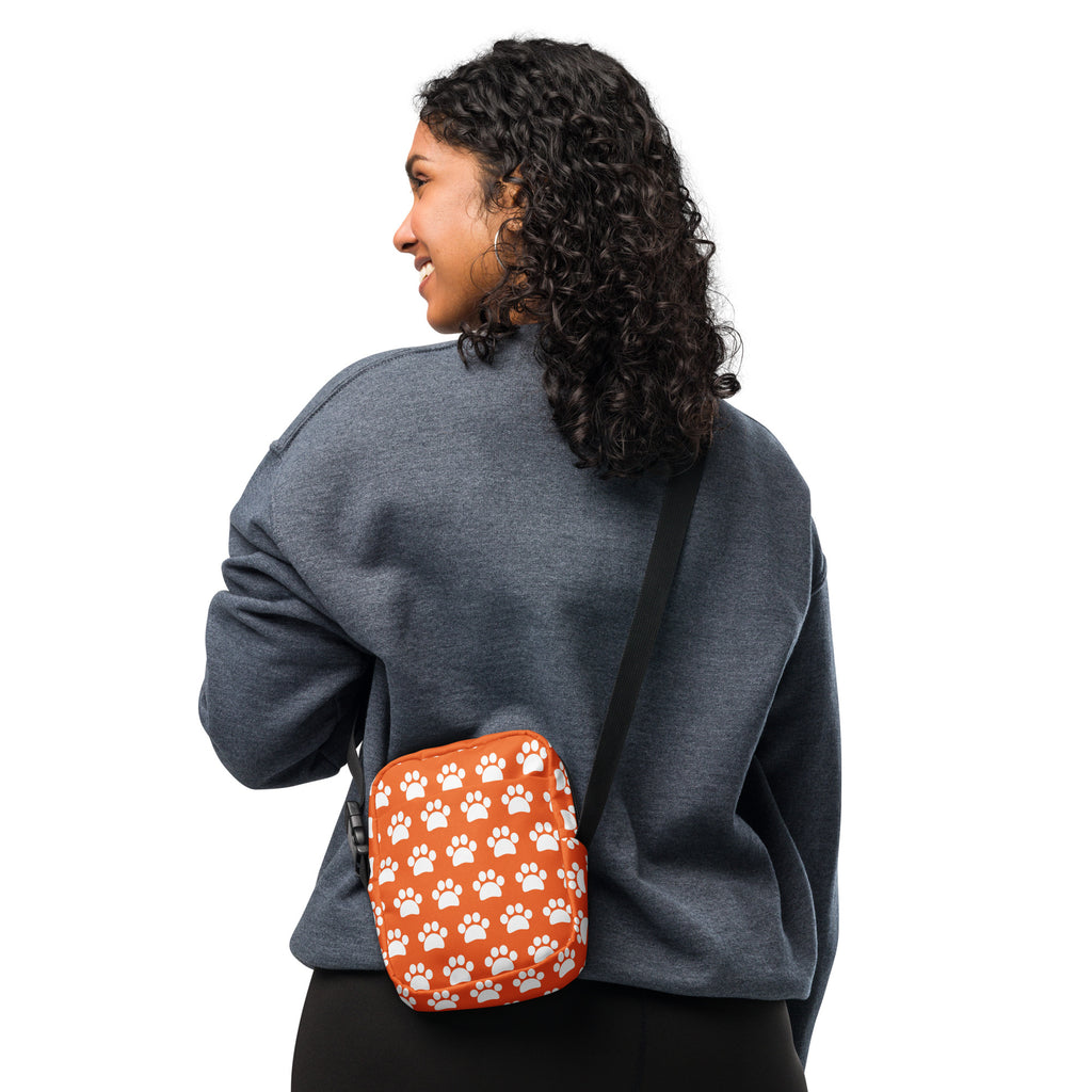 Orange Paw Print Crossbody Bag – Water Resistant Mini Purse With Adjustable Strap & Pockets