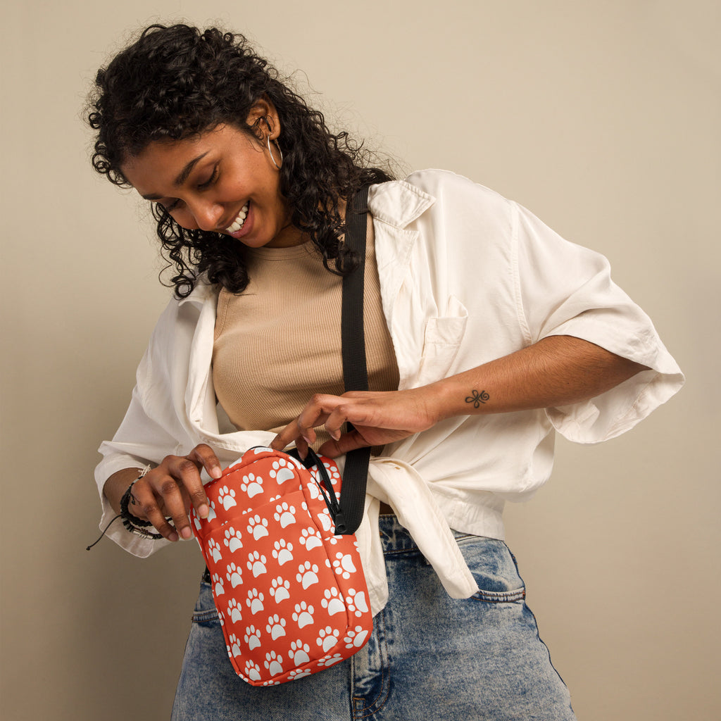Bright Orange Paw Print Crossbody Bag – Water Resistant Mini Purse With Adjustable Strap & Pockets
