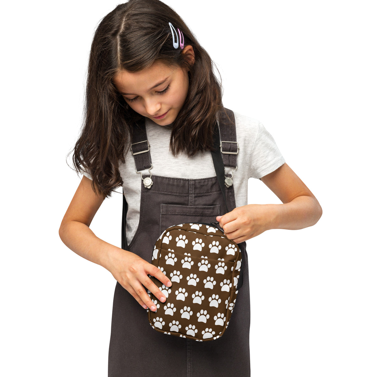 Girls Brown Paw Print Crossbody Bag – Water Resistant Mini Purse With Adjustable Strap & Pockets