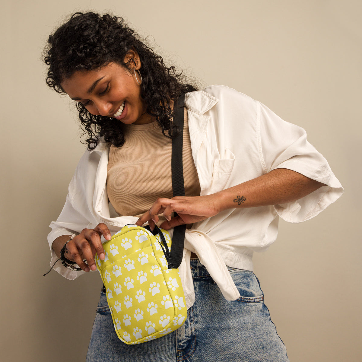 Yellow Paw Print Crossbody Bag – Water Resistant Mini Purse With Adjustable Strap & Pockets