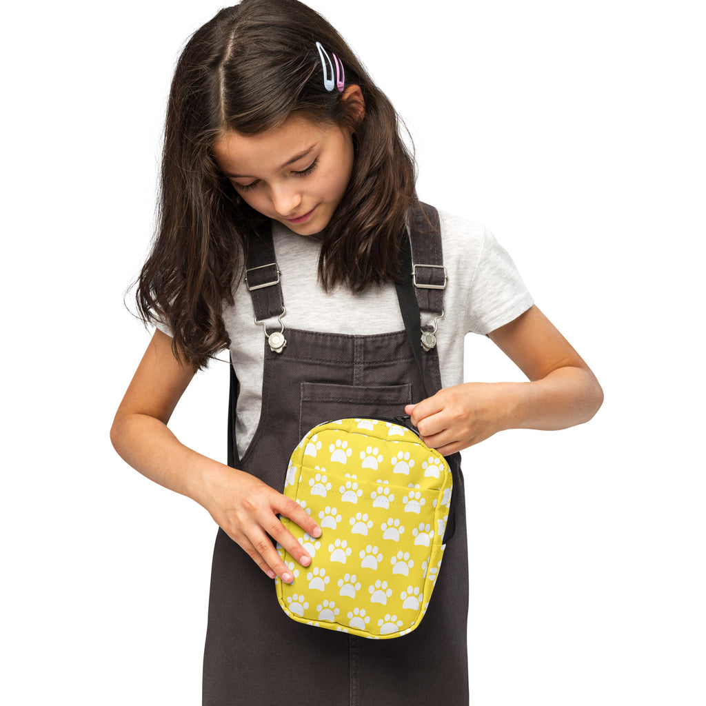Girls Yellow Paw Print Crossbody Bag – Water Resistant Mini Purse With Adjustable Strap & Pockets