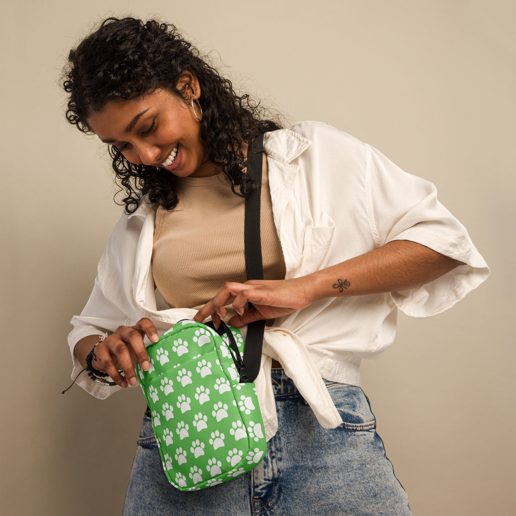Green Paw Print Crossbody Bag – Water Resistant Mini Purse With Adjustable Strap & Pockets