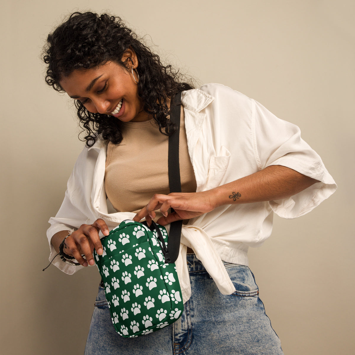 Forest Green Paw Print Crossbody Bag – Water Resistant Mini Purse With Adjustable Strap & Pockets