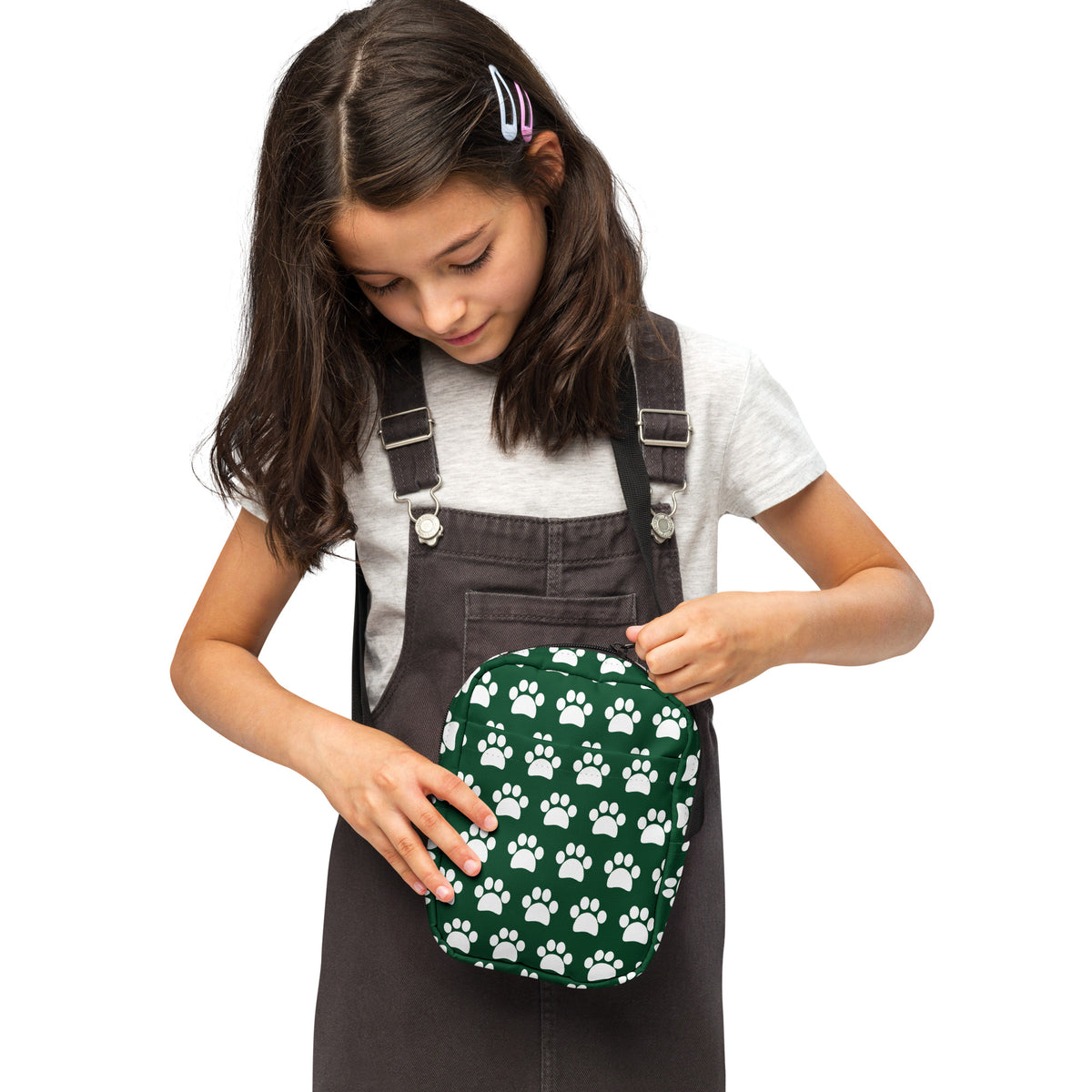 Girls Forest Green Paw Print Crossbody Bag – Water Resistant Mini Purse With Adjustable Strap & Pockets