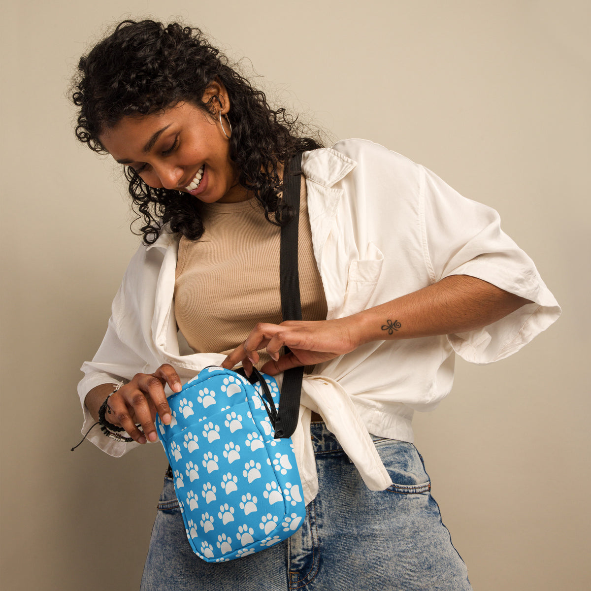 Sky Blue Paw Print Crossbody Bag – Water Resistant Mini Purse With Adjustable Strap & Pockets