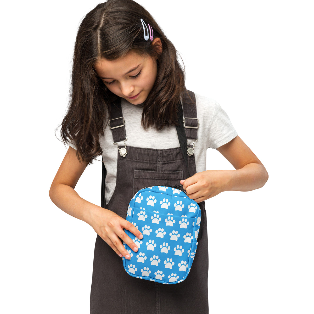 Girls Sky Blue Paw Print Crossbody Bag – Water Resistant Mini Purse With Adjustable Strap & Pockets
